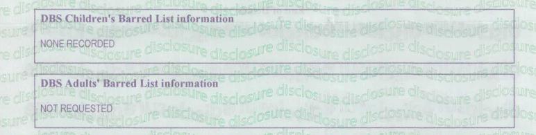 Example DBS certificate showing barred list information